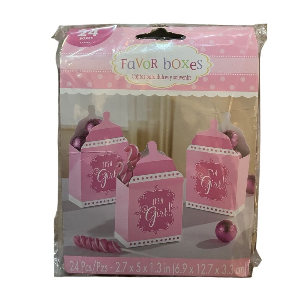 Amscan It's A Girl Favor Boxes 24ct Pink Gable Barn Box Baby Shower Sealed NWT